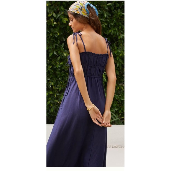 Anthropologie Maxi Dress Navy Blue Tie Strap Ruffle Sundress Linen Size  Large - mordernwear.com